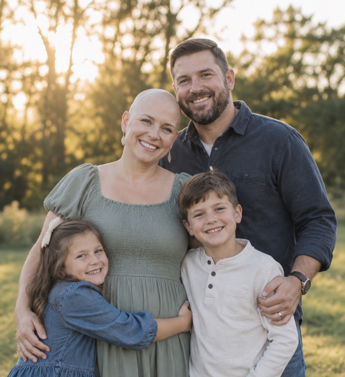 A family of four smiling together in a sunlit field